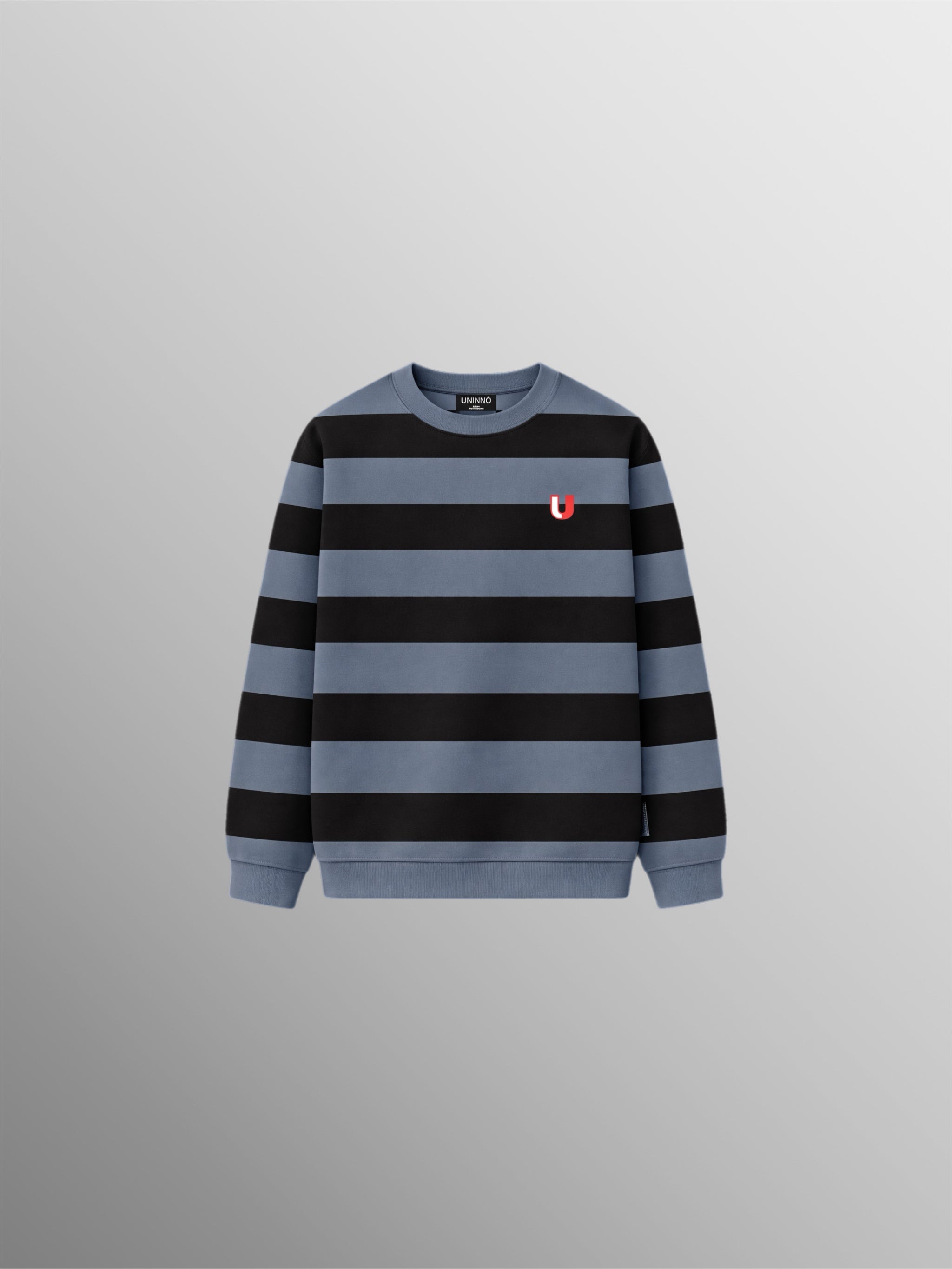Long Sleeve Crew Neck Tee – Vintage Blue / Black Stripe